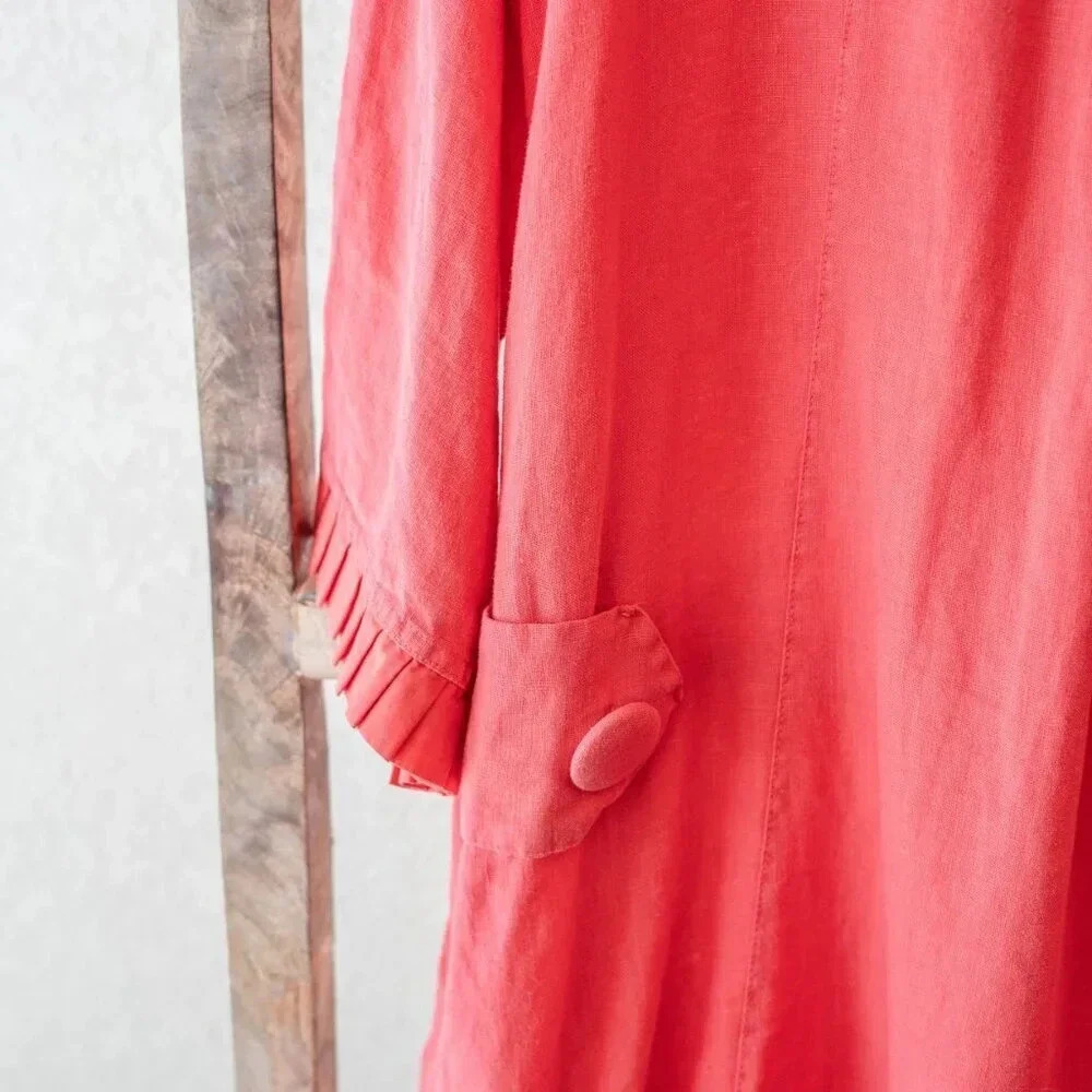 Embellish Coral Linen Blend Shift Dress Medium Pleated Ruffle Hem Collar Pockets - Picture 7 of 10